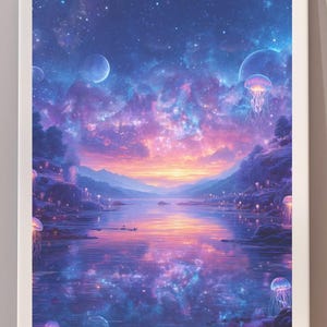 Op de afbeelding: Een ingelijste kunstdruk met een levendig landschap met een hemels thema. Het kunstwerk toont een dromerige scène met een meer dat een kleurrijke lucht van paars, blauw en oranje weerspiegelt. De print wordt op een houten vloer getoond.