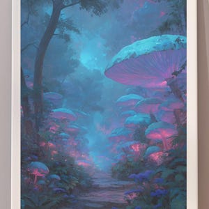 Portrait Glowing Mushroom Forest Path Art, Bioluminescent Woods Print, Mystical Dark Fantasy Decor, Surreal Digital Download, Wall Art
