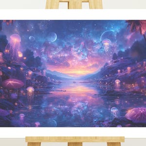 Op de afbeelding: Een ingelijste kunstdruk op een houten ezel. Het kunstwerk toont een fantasielandschap met een waterpartij die een kleurrijke lucht weerspiegelt, gevuld met hemellichamen en gloeiende, kwalachtige vormen. Het kleurenpalet omvat blauw, paars en roze.