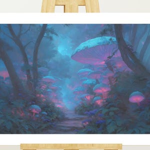 Landscape Glowing Mushroom Forest Path Art, Bioluminescent Woods Print, Mystical Dark Fantasy Decor, Surreal Digital Download, Wall Art