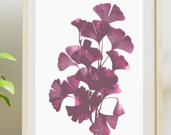 Fuchsia Pink Ginkgo Leaf Print, Botanical Silhouette Wall Art (Digital Download)