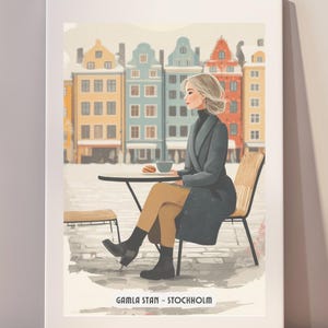 Stockholm Wall Art, Gamla Stan Sweden Minimalist Print, Chic Scandinavian Decor, Fika Travel Poster, Digital Download