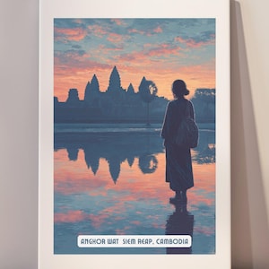 Angkor Wat Print, Cambodia Wall Art, Minimalist Sunrise Temple Decor, Siem Reap Travel Poster, Digital Download