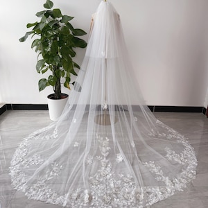 Fairy 3D Lace Floral Wedding Veil, Two Tier Long Bridal Veil, Custom Lace Chapel Veil, 2T Lace Tulle Veil with Comb, Ivory Cathedral Veil