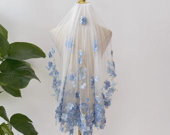 Fairy Blue Lace Floral Wedding Veil, Bridal Lace Veil with Pearls, Custom Soft Tulle Shoulder Length Veil, Any Length 3D Flowery Veil
