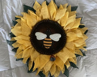 Beautiful 22 inch Burlap Sunflower with Bee