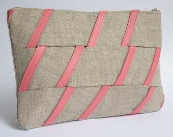 Natural linen and pink leather clutch - Women's pouch