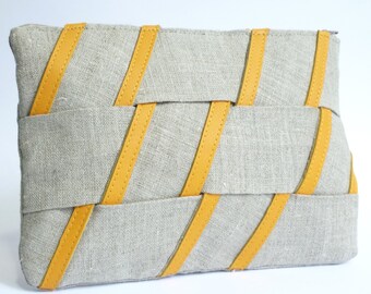 Natural linen and yellow leather clutch - Women's pouch