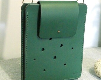 Pochette pour téléphone portable en cuir vert – 100% fabriquée en France