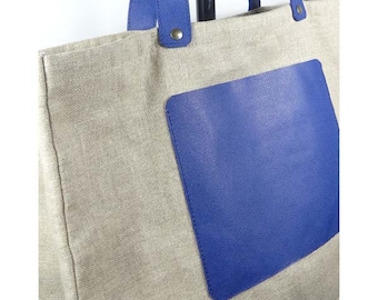 Tote bag in natural linen and blue leather