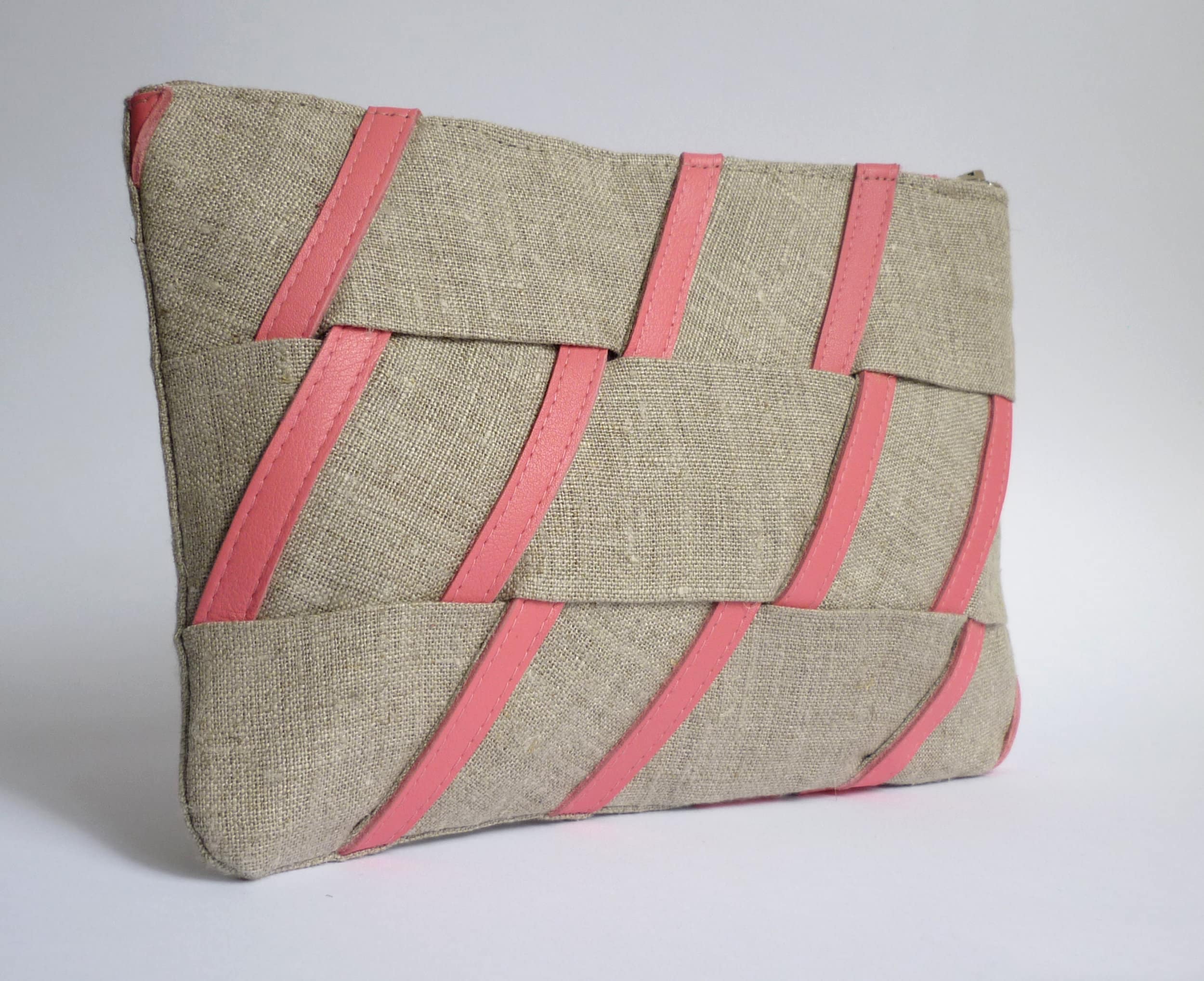 Pochette En Lin Naturel Decoree De Cuir Rose Pochette Mariage Rose Pochette ete Rose Etsy UK
