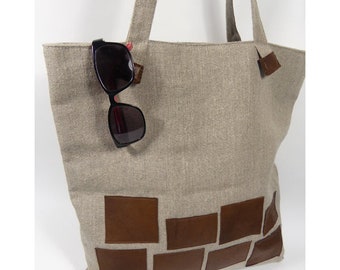 Shopping bag in linen and brown leather