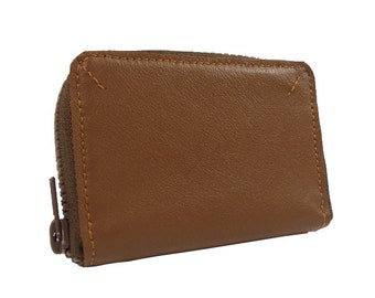 Zip wallet in brown leather, small brown leather pocket