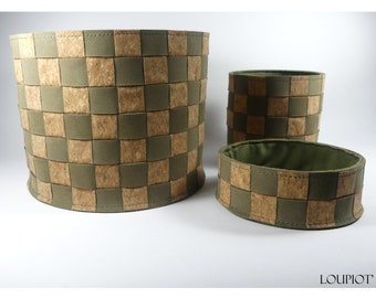 Set of 3 decorative pots in green leather and natural cork