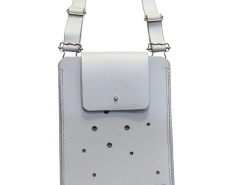 Light gray leather cell phone pouch with 2 pockets and an adjustable shoulder strap