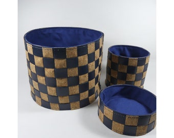 Set von 3 dekorative Ntöpfe aus blauem Leder und Naturkork
