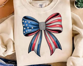 Faux Rhinestone USA Coquette Bow PNG: 4th of July Sublimation Design
