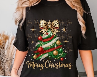 Girly Christmas Tree PNG: Leopard Bow, T-Shirt Design (Digital Download)