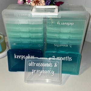 May include: Clear plastic keepsake organizer with teal and blue compartments. The organizer has a white handle and is topped with a floral arrangement. The labels read "keepsakes", "ultrasounds & pregnancy", "2 months", "3 months", and "delivery".