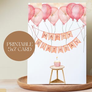 Biglietto di auguri di compleanno stampabile, palloncini rosa e gialli con cupcake, biglietto di auguri di buon compleanno, biglietto di auguri, biglietto 5x7 con busta, download digitale