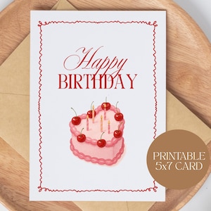Printable Heart Cake Birthday Card, Happy Birthday Card, Greeting Card, 5x7 Card with Envelope, Digital Download