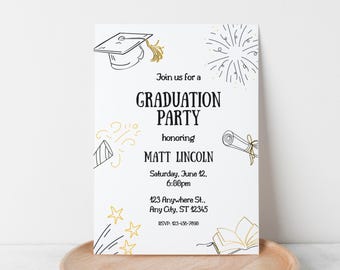 Plantilla de invitación para fiesta de graduación en negro y dorado (descarga digital)