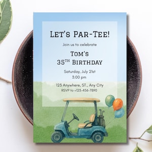 Golf Birthday Invitation, Watercolor Golf Cart & Balloons, Editable Golf Party Invite, Boys Golf Birthday, Digital Download