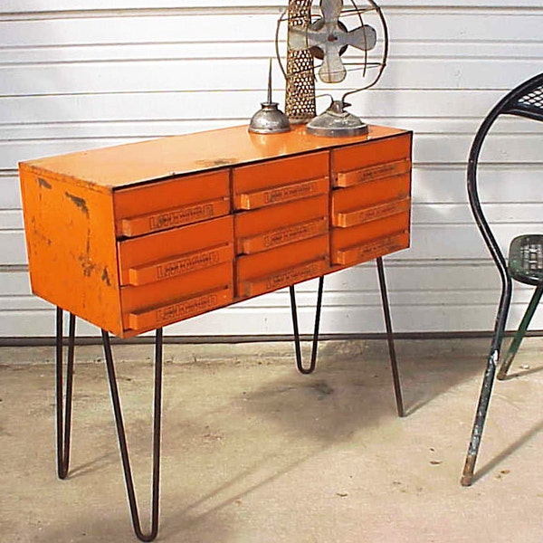 Vintage Industrial Orange Upcycled Hairpin Legs Table Storage Box