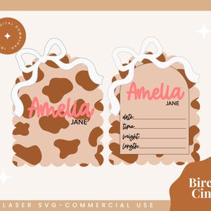 Estampa de vaca Coquette Estatística de nascimento de bebê + Placa de nome Foto Prop Scalloped SVG | Placa de nome de bebê ocidental | Placa de nome de laço de cowgirl Arquivo a laser