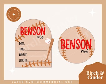 Letrero de nacimiento de bebé de béisbol SVG / Letrero con nombre de bebé de béisbol / Archivo láser de fecha de nacimiento / Accesorio para foto Fresh 48 SVG