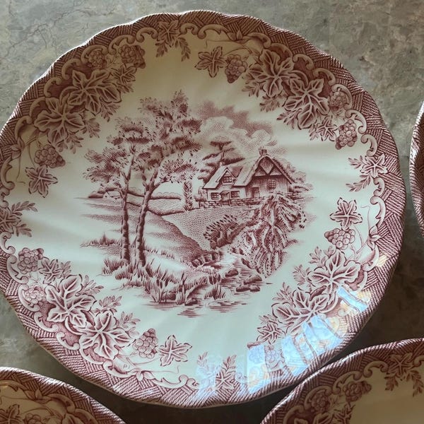 Churchill Brook Red Transferware Plates: English Ironstone Saucers