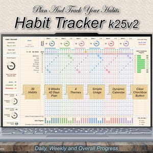 Può includere: Un laptop mostra un tracker di abitudini digitale. Lo schermo mostra una griglia per tenere traccia delle abitudini, con sezioni per i progressi giornalieri, settimanali e generali. Il testo "Habit Tracker k25v2" è visibile.