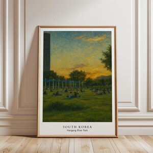 koreanischen Sonnenuntergang Poster druckbare Wand Kunst Stadt Park Landschaft Ölgemälde ruhige Atmosphäre Stimmungsvolle Landschaft Kunstwerk für Wohnkultur
