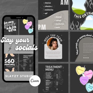 May include: A set of social media graphics for a beauty studio, featuring text such as "Slay your socials" and treatment menus. Heart-shaped icons display beauty service names. The colour scheme is predominantly black, white, and grey.