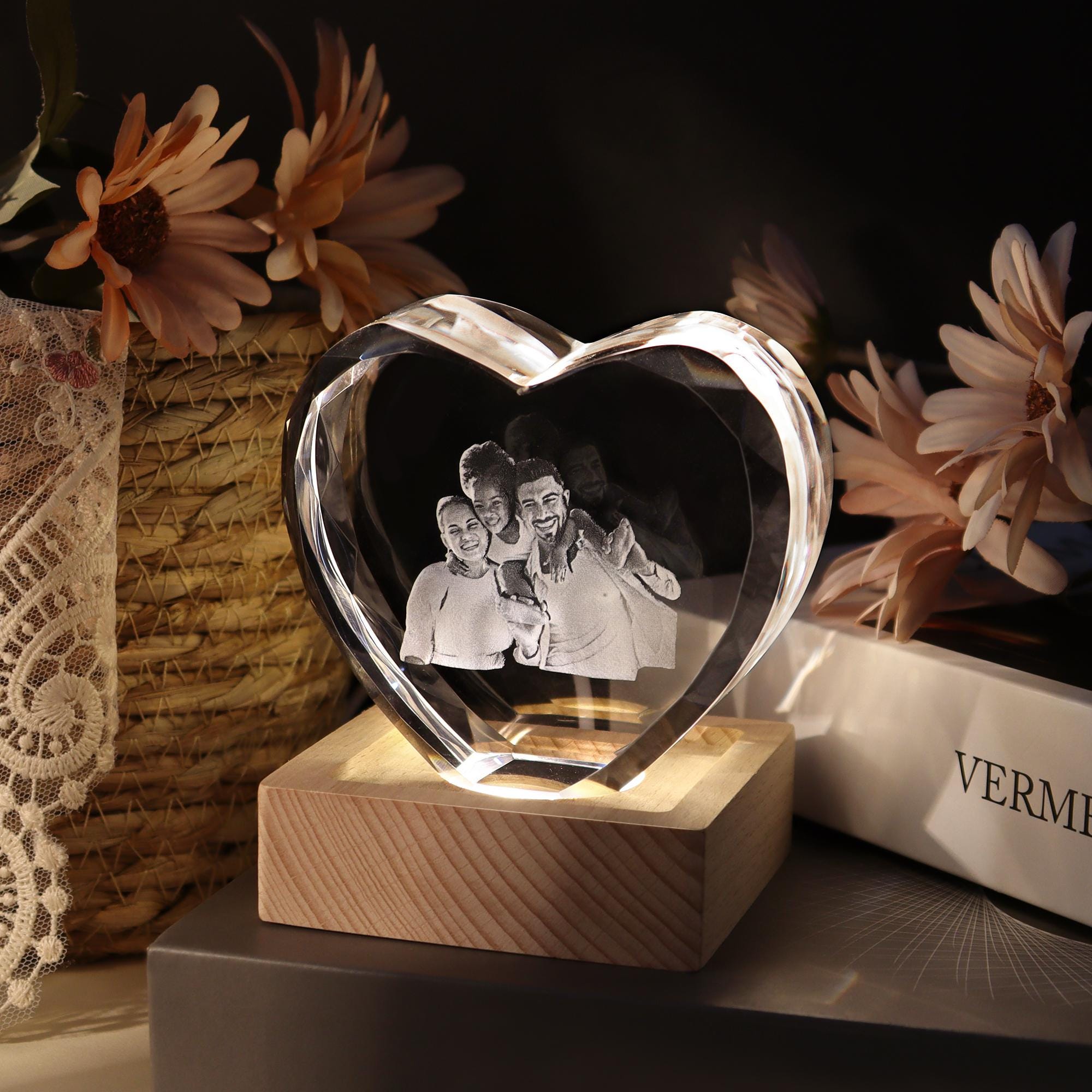Personalized 3D Crystal Photo Heart/with Light Base, Laser Engraved Etched Portrait Crystal Brick Cube, Anniversary Gift, Father's Day Gift