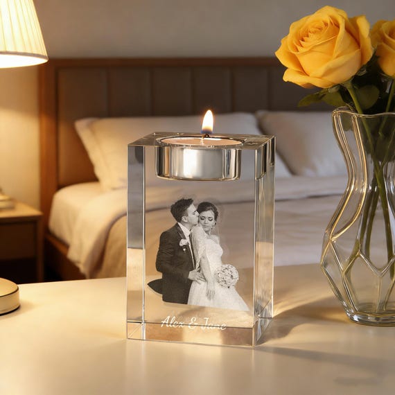 Custom 3D Crystal Photo Portrait,Engraved Crystal Photo With Candle Holder,3D Crystal Photo Gift for Pet,Memorial Candle Votive,Gift for Mum