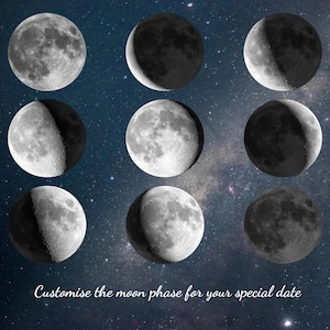 May include: Nine phases of the moon are displayed against a starry background. The moon phases range from full to new, with varying degrees of illumination. Text at the bottom reads, "Customise the moon phase for your special date."