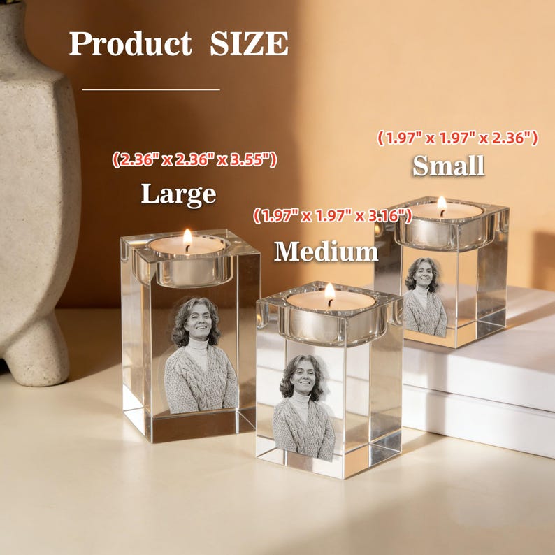 May include: Three clear glass candle holders with lit candles. Each holder has a photo of a woman. The sizes are labeled: Large (2.36" x 2.36" x 3.55"), Medium (1.97" x 1.97" x 3.16"), and Small (1.97" x 1.97" x 2.36"). The text "Product SIZE" is at the top.
