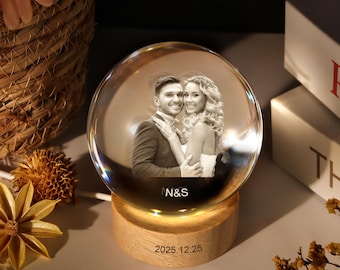 Personalized Round 3D Crystal Photo Portrait LED,Engraved Crystal Ball Photo With Light,Crystal Photo Gifts for Anniversary,Christmas Gifts