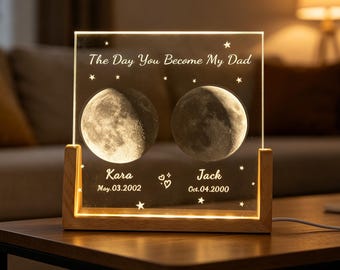 Regalo personalizado de fases lunares para papá, lámpara de cielo nocturno de cristal personalizada, lámpara de fases lunares por fecha, regalo del Día del Padre de parte de su hija, lámpara familiar de fases lunares