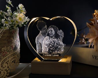 Personalized Heart 3D Crystal Photo Portrait LED Light,Custom Engraved Portrait Crystal,3D Crystal Photo Gifts,Father&#39;s Day Gift,Family Gift
