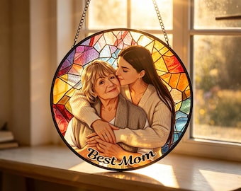 Acchiappasole personalizzato con ritratto di famiglia in vetro colorato, decorazione personalizzata da appendere alla finestra con foto, regalo unico con foto, regalo per la festa della mamma per mamma e nonna