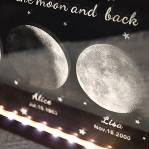 May include: A black decorative piece with the phrase "the moon and back" in white script. The image features two moon phases, names, and dates. The names "Alice" and "Lisa" are visible, along with their birthdates.