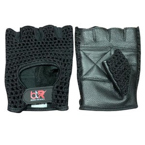 Chauffeur Driving Gloves Mesh Net Fingerless Cowhide Leather Palm Cotton Crochet Back Cycling, Wheelchair Gloves Black
