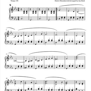 以下が含まれることがあります： アラ・コッホ編曲、ドミトリ・ショスタコーヴィチ作曲のワルツ第2番の楽譜。楽譜は標準記譜法で書かれており、テンポは176です。