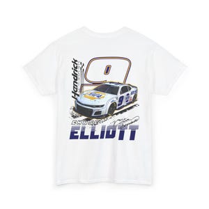 May include: White t-shirt featuring a graphic of a race car with the number 9 and the name "Chase Elliott." The design includes the words "Hendrick Motorsports" and "NAPA" in blue and yellow.