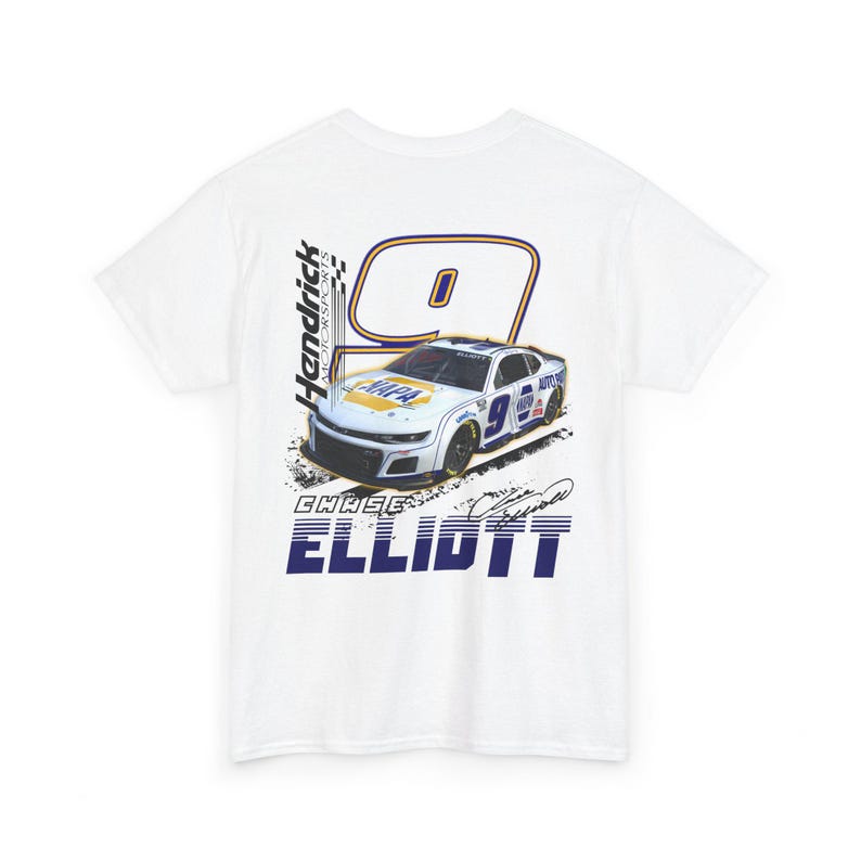 May include: White t-shirt featuring a graphic of a race car with the number 9 and the name "Chase Elliott." The design includes the words "Hendrick Motorsports" and "NAPA" in blue and yellow.