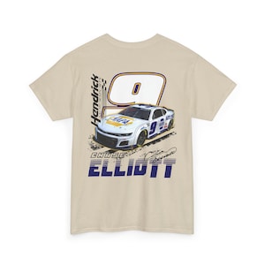 May include: A tan t-shirt featuring a graphic of a race car with the number 9 and the name "Chase Elliott." The car has the "NAPA" logo. The shirt also has the text "Hendrick Motorsports."