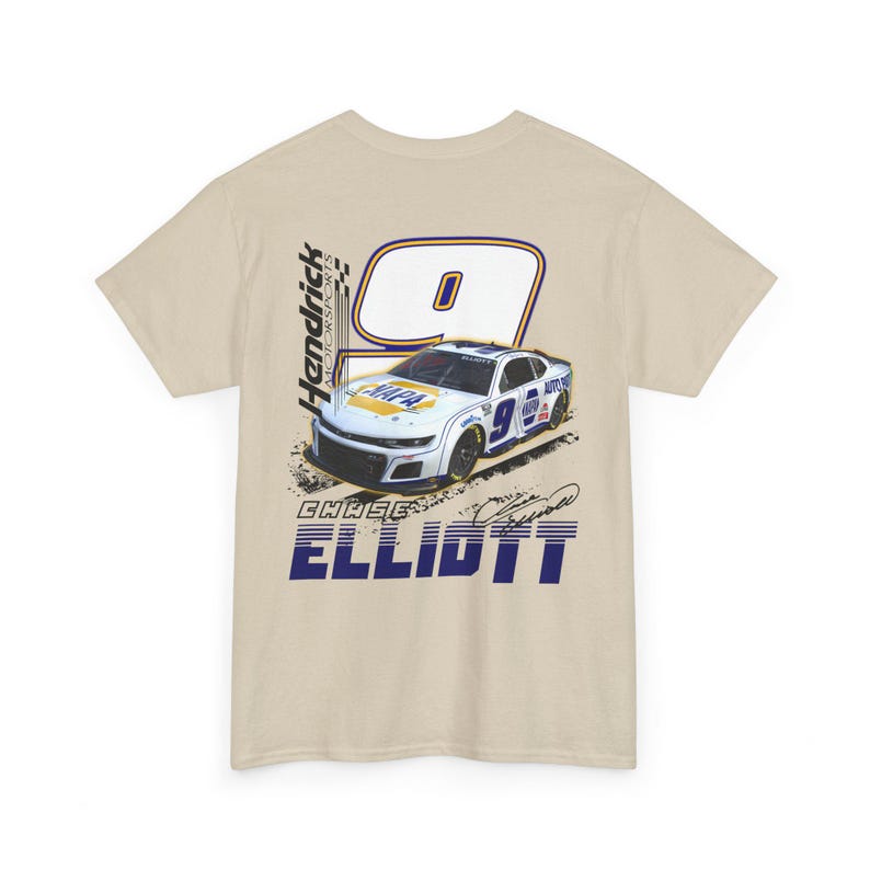 May include: A tan t-shirt featuring a graphic of a race car with the number 9 and the name "Chase Elliott." The car has the "NAPA" logo. The shirt also has the text "Hendrick Motorsports."
