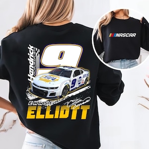 May include: Black sweatshirt featuring a white race car with the number 9 and the name "Chase Elliott." The back of the shirt also displays the text "Hendrick Motorsports." A smaller image on the right shows a black sweatshirt with the word "NASCAR."